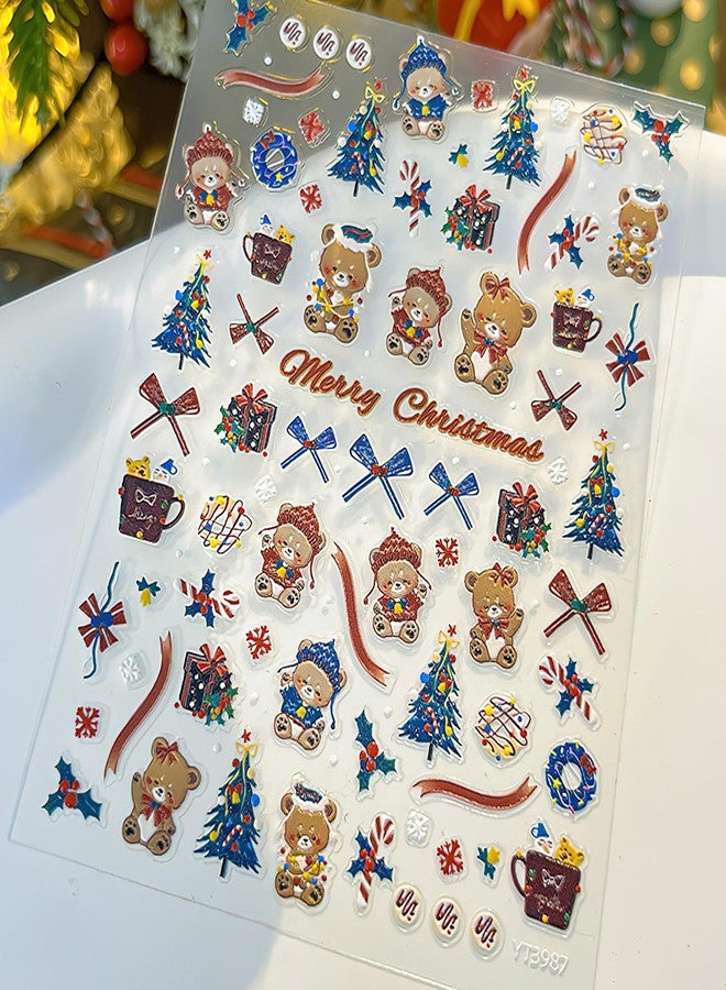 Mkwntg 5D Christmas Nail Art Stickers Cute Bear Nail Decals Self-Adhesive Snowflakes Xmas Tree Nail Art Design Christmas Bow Snow Winter Holly Nail Supplies for Women Girls Nails Art Decor Accessories - Image 2
