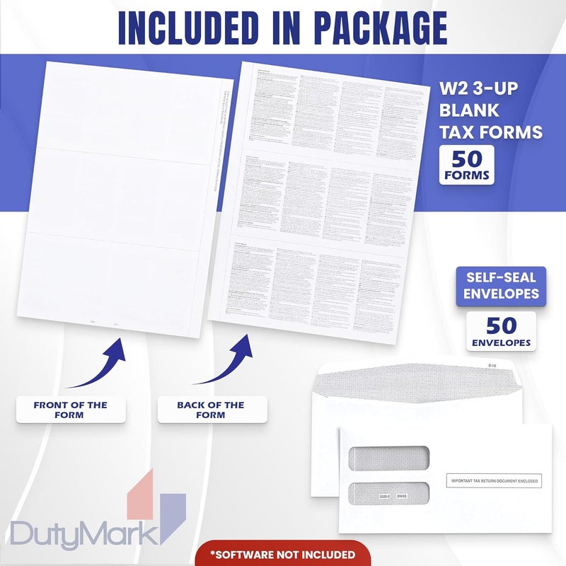 Dutymark W2 Forms Blank 3 Up Tax Forms 2025 withEnvelopes, Perforated Paper With Back Instructions For 50 Employees, and 50 Self-Seal Envelopes,Works with Printers, Great for QuickBooks and Accounting Software - Image 2
