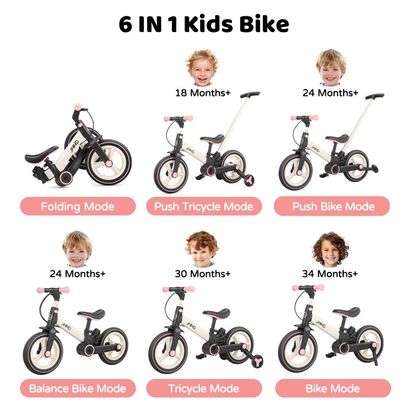 JMMD 6 in 1 Toddler Bike with Push Handle for Kids 18-60 Months, 12" Foldable Balance Bike with Training Wheels, Pedals, Brakes, Kickstand, Push Tricycle Toddler Gift & Toys for Boy & Girl - Image 2