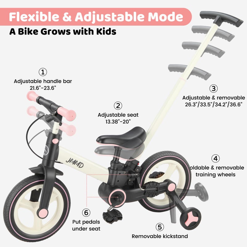 JMMD 6 in 1 Toddler Bike with Push Handle for Kids 18-60 Months, 12" Foldable Balance Bike with Training Wheels, Pedals, Brakes, Kickstand, Push Tricycle Toddler Gift & Toys for Boy & Girl - Image 4