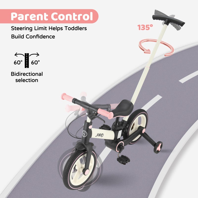 JMMD 6 in 1 Toddler Bike with Push Handle for Kids 18-60 Months, 12" Foldable Balance Bike with Training Wheels, Pedals, Brakes, Kickstand, Push Tricycle Toddler Gift & Toys for Boy & Girl - Image 3
