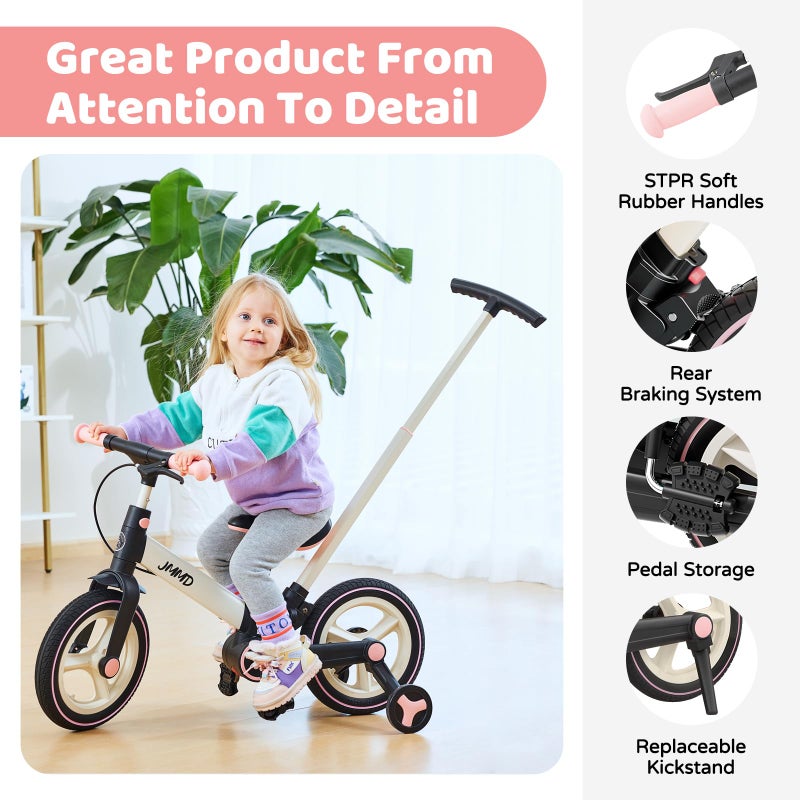 JMMD 6 in 1 Toddler Bike with Push Handle for Kids 18-60 Months, 12" Foldable Balance Bike with Training Wheels, Pedals, Brakes, Kickstand, Push Tricycle Toddler Gift & Toys for Boy & Girl - Image 5