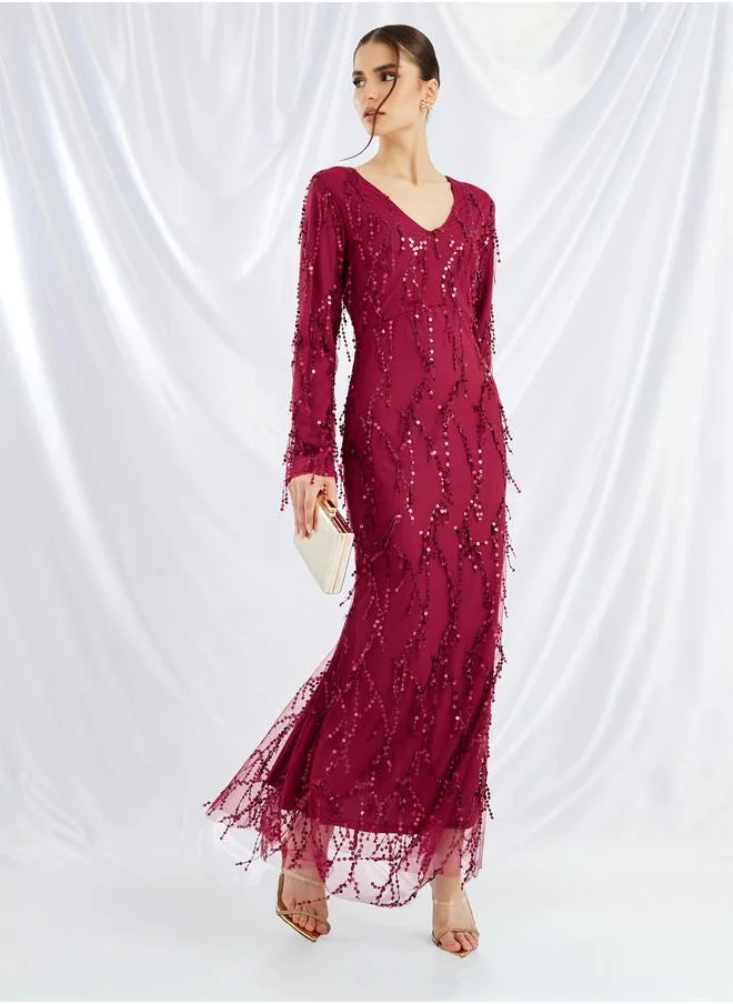 Styli Styli Sequin Embellished Long Sleeves Mermaid Maxi Dress