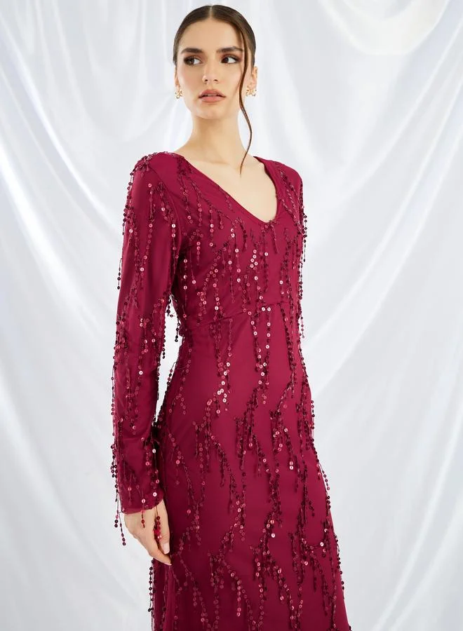 Styli Styli Sequin Embellished Long Sleeves Mermaid Maxi Dress