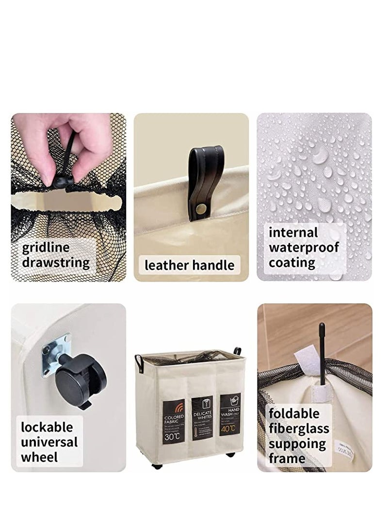 Dubkart Laundry Sorter, Laundry Hamper 3 Section, 120L Laundry Cart with Card Pockets & Lockable Wheel, Clothes Organizer with Handles & Mesh Cover for Living Room, Storage Basket for Toys Blanket - Image 3