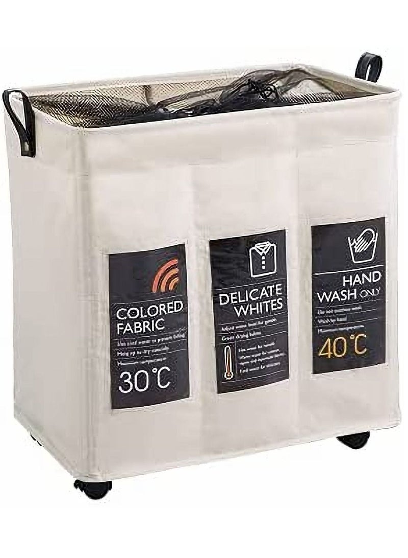 Dubkart Laundry Sorter, Laundry Hamper 3 Section, 120L Laundry Cart with Card Pockets & Lockable Wheel, Clothes Organizer with Handles & Mesh Cover for Living Room, Storage Basket for Toys Blanket - Image 1