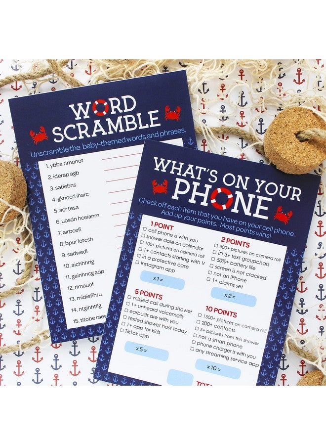 DISTINCTIVS Ahoy It's a Boy Baby Shower Games, Nautical What's On Your Phone and Word Scramble, 2 Game Bundle - 20 Dual Sided Cards - Image 2