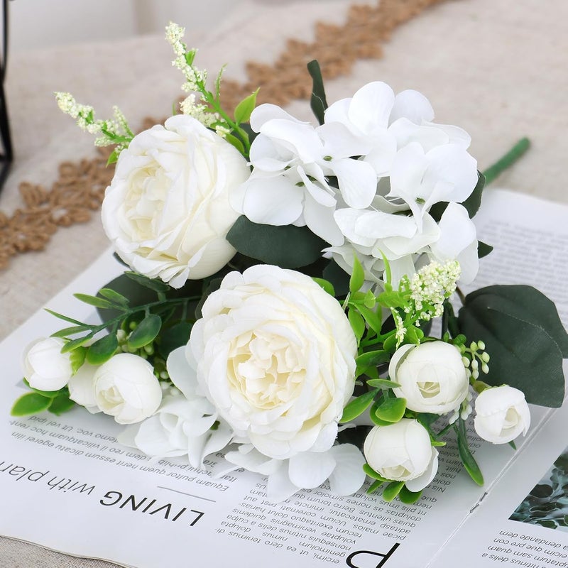 SOMYTING 2 Bunches Artificial Peony Silk Flowers, Peony Artificial Flowers for Decoration Hydrangeas Bouquet Real Touch Silk Flores Artificiales for Vase Wedding Party Centerpiece Home Decor (White) - Image 3