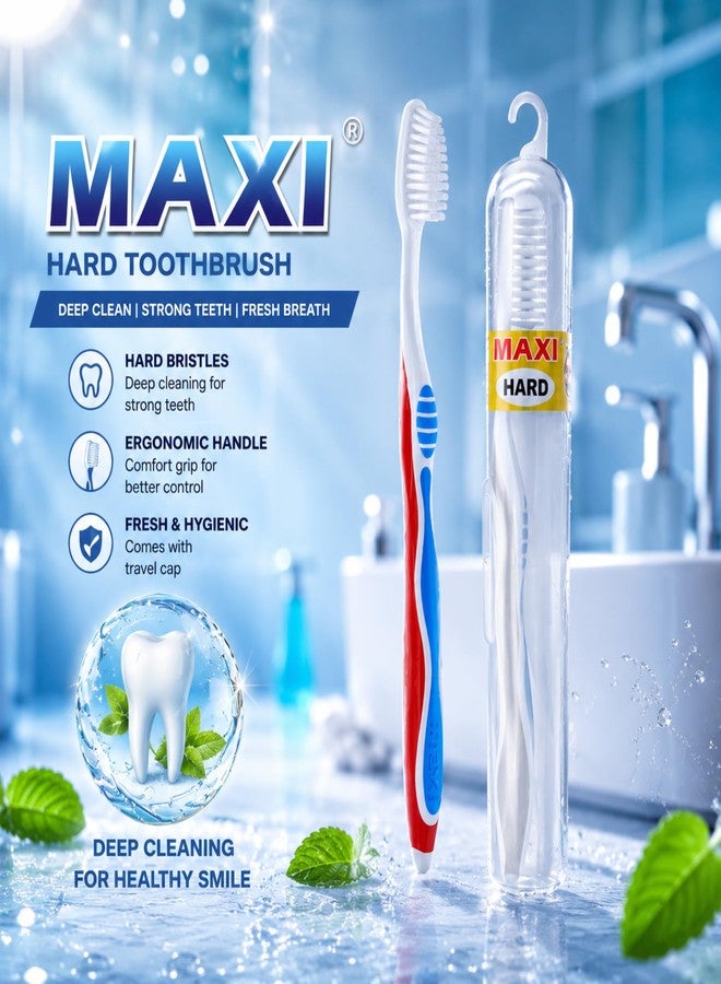 MAXI Candy Hard Bristle Toothbrush for Adults with Anti-Bacterial Travel Case | Deep Plaque Removal & Stain Cleaning | Big Head Manual Tooth Brush | Ergonomic Grip | Multicolor Pack of 4 - Image 2