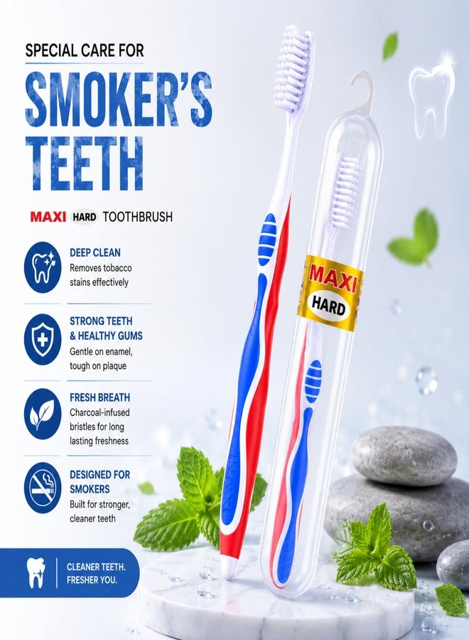MAXI Candy Hard Bristle Toothbrush for Adults with Anti-Bacterial Travel Case | Deep Plaque Removal & Stain Cleaning | Big Head Manual Tooth Brush | Ergonomic Grip | Multicolor Pack of 4 - Image 3