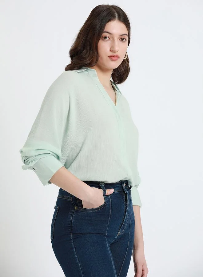 Dennis Lingo Mint Relaxed Fit Shirt for Women - Viscose Crepe, Full Sleeves, Shirt Collar, Solid, Casual,