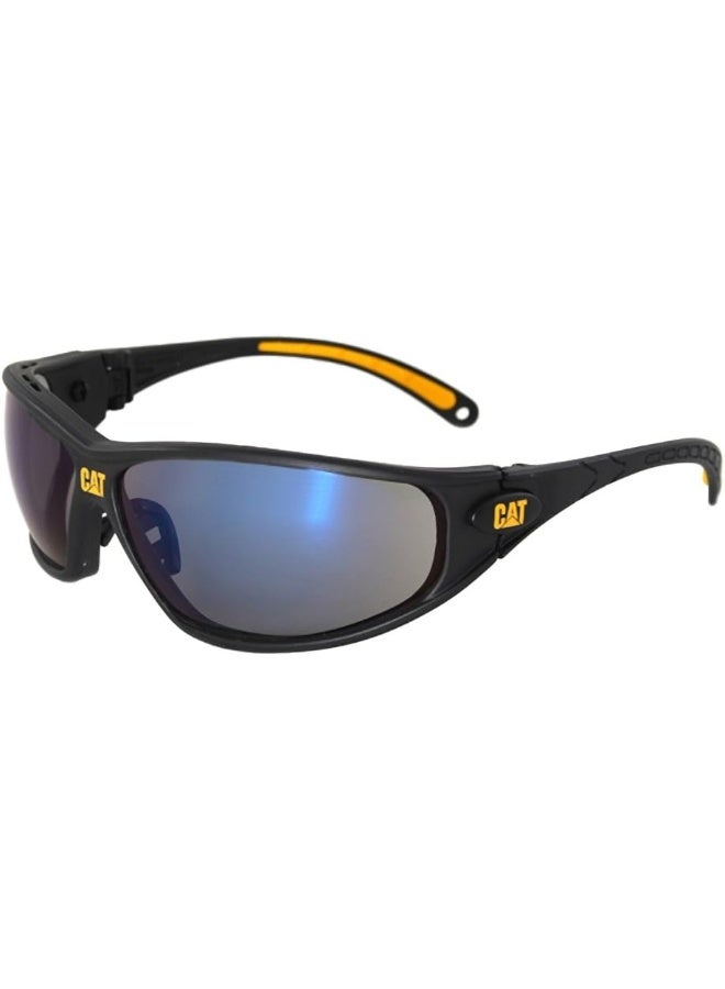 CAT Caterpillar Tread Safety Glasses, Black and Yellow, Blue Mirror, Unisex
