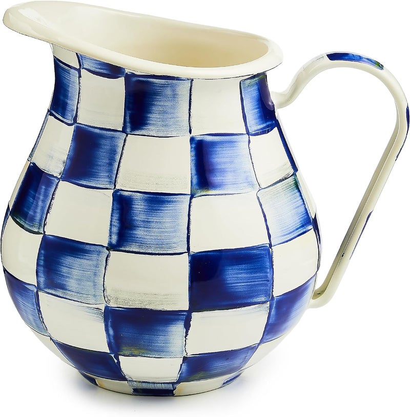 mackenzie childs MACKENZIE-CHILDS Hand-Painted Blue-and-White Royal Check Pitcher with Spout - 3-Quart Capacity - Image 1