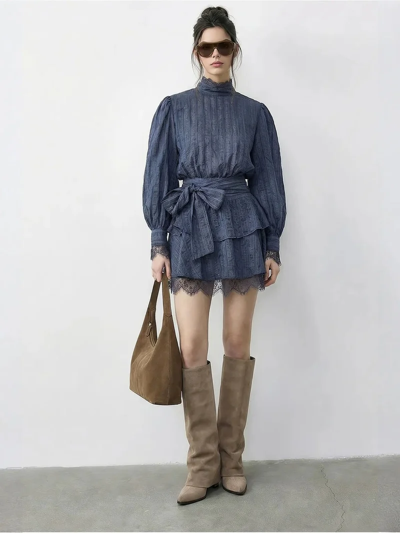 بيانكو لوتشي LUCCI Textured Mini Dress with Half Turtleneck and Lace Detail