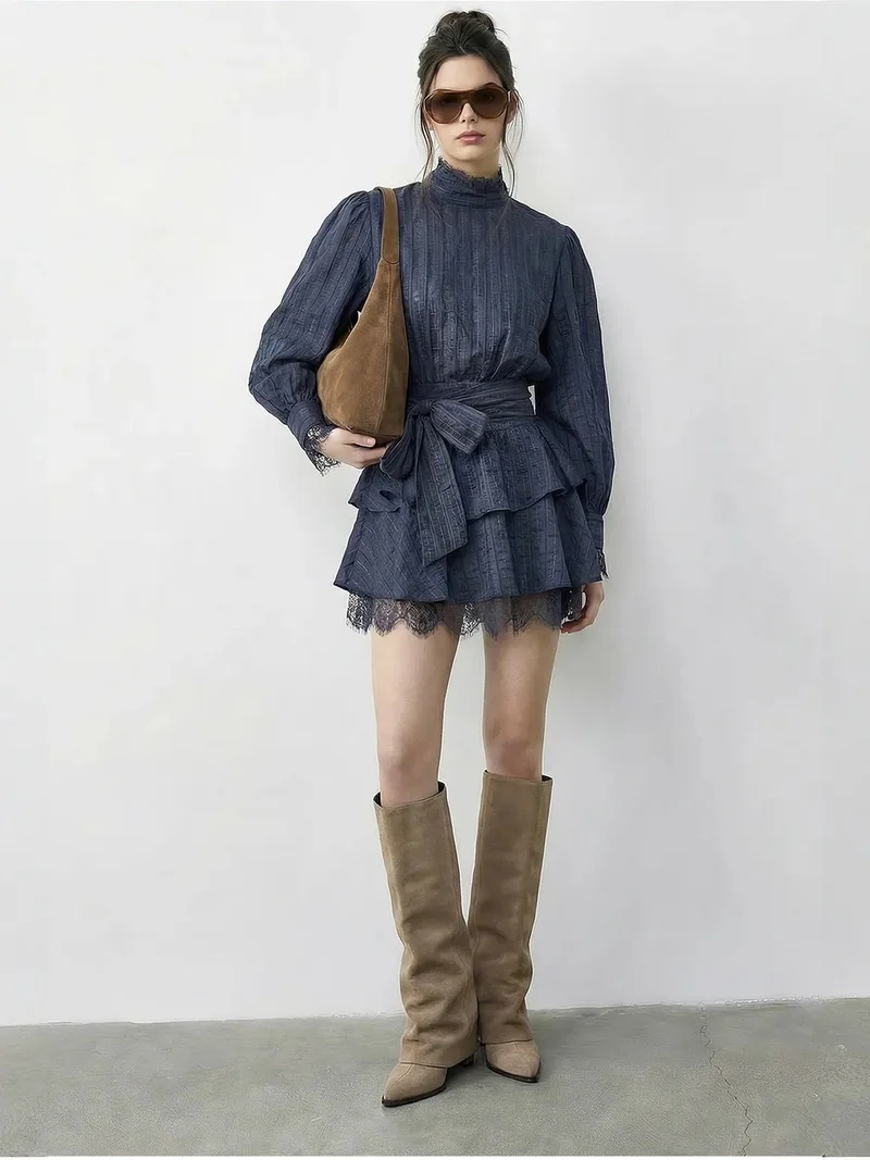 بيانكو لوتشي LUCCI Textured Mini Dress with Half Turtleneck and Lace Detail