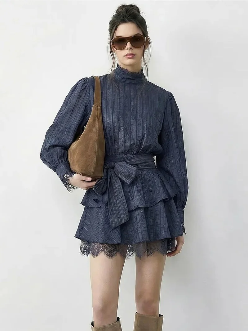 Bianco Lucci LUCCI Textured Mini Dress with Half Turtleneck and Lace Detail