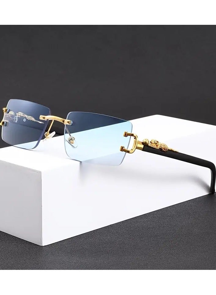 POLITE Blue Gradient Rimless Cheetah Leopard Fashion Sunglasses for Men & Women, Stylish Party Sun Shades Fashion Icon for Adults - Image 1