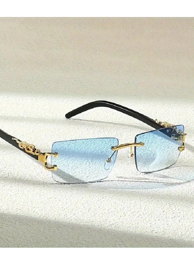 POLITE Blue Gradient Rimless Cheetah Leopard Fashion Sunglasses for Men & Women, Stylish Party Sun Shades Fashion Icon for Adults - Image 2