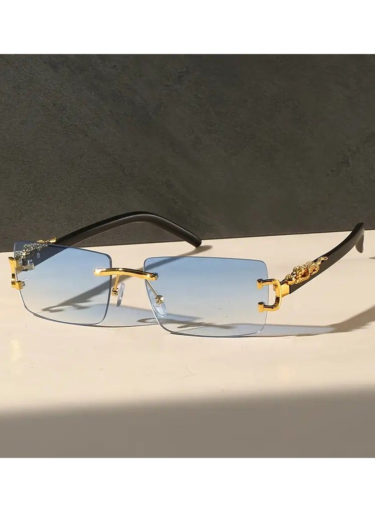 POLITE Blue Gradient Rimless Cheetah Leopard Fashion Sunglasses for Men & Women, Stylish Party Sun Shades Fashion Icon for Adults - Image 3