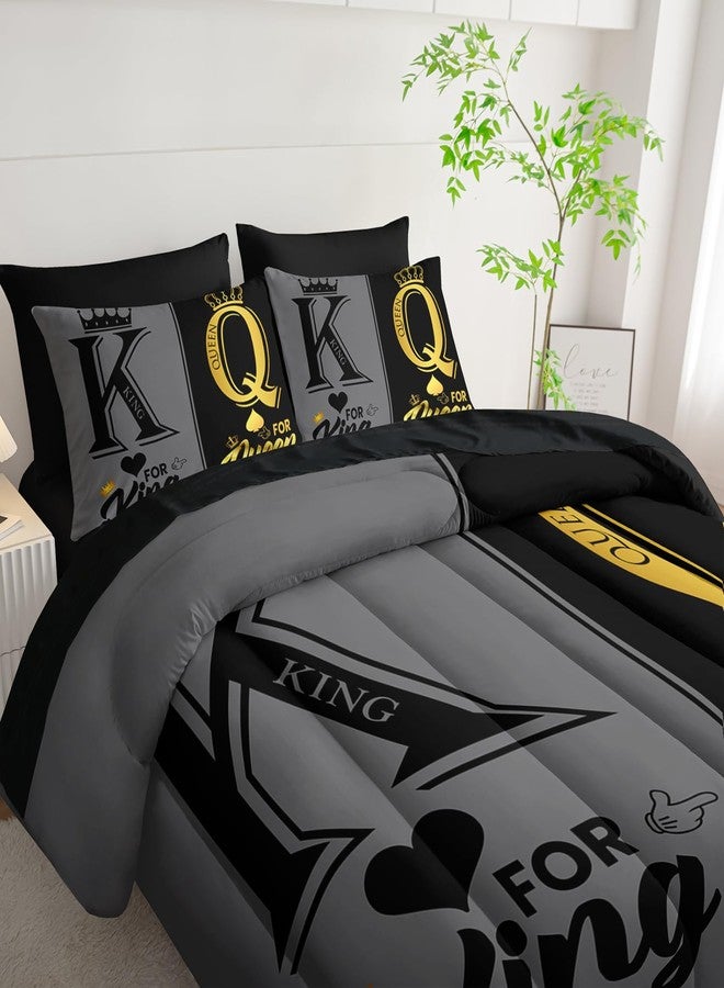 Nttopship King and Queen Crown Comforter Set Black and Gray Couple Bedding Set，7Pcs Mr Mrs Comforter Set for Adults Couple Men Women,Light Couple Bedding Set 7 Piece in A Bag,Bed Sheet Set Couple Decor QUEEN - Image 3
