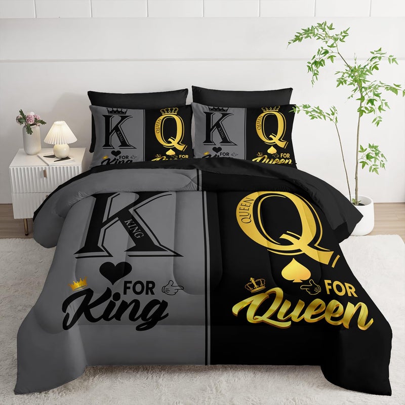 Nttopship King and Queen Crown Comforter Set Black and Gray Couple Bedding Set，7Pcs Mr Mrs Comforter Set for Adults Couple Men Women,Light Couple Bedding Set 7 Piece in A Bag,Bed Sheet Set Couple Decor QUEEN - Image 1