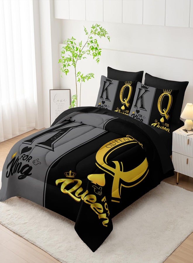 Nttopship King and Queen Crown Comforter Set Black and Gray Couple Bedding Set，7Pcs Mr Mrs Comforter Set for Adults Couple Men Women,Light Couple Bedding Set 7 Piece in A Bag,Bed Sheet Set Couple Decor QUEEN - Image 2