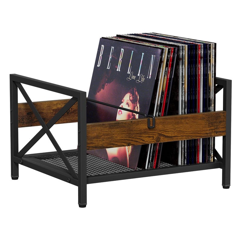 VYUOL Vinyl Record Storage Record Holder, Metal & Wooden Record Crates, Album Storage for Records Vinyl Holder Holds up to 50-100 Records, Desktop Organizer for Books Files - Image 1