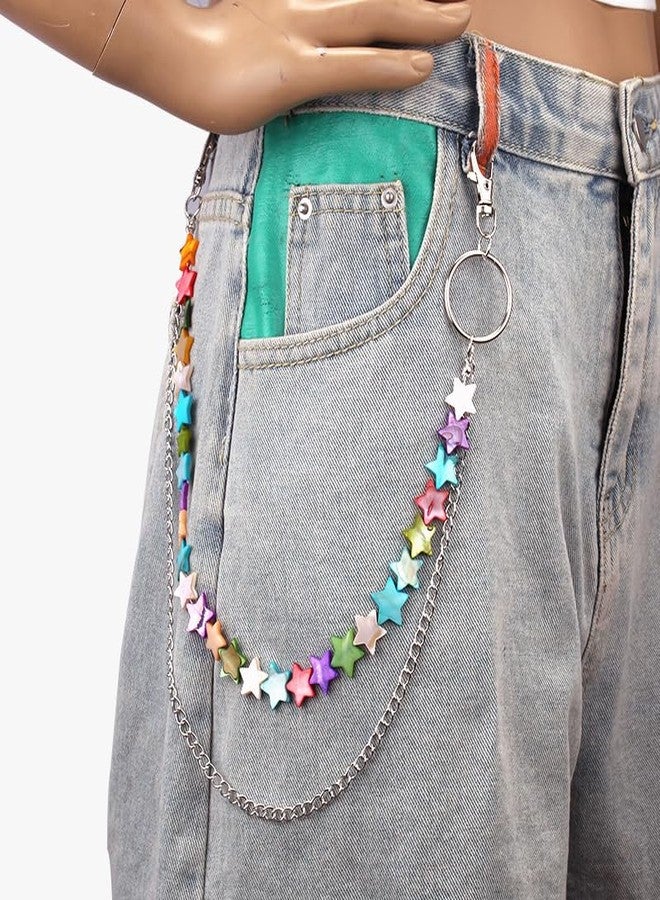Cykdohy Rainbow Shell Star Heart Beaded Sweet Y2k Layered Jean Pants Chain for Woman Colorful Rock Street Trousers Pocket Wallet Chains Hip Hop Punk Gothic Belt Body Jewelry Fashion Summer Beach Accessories (Star) - Image 2