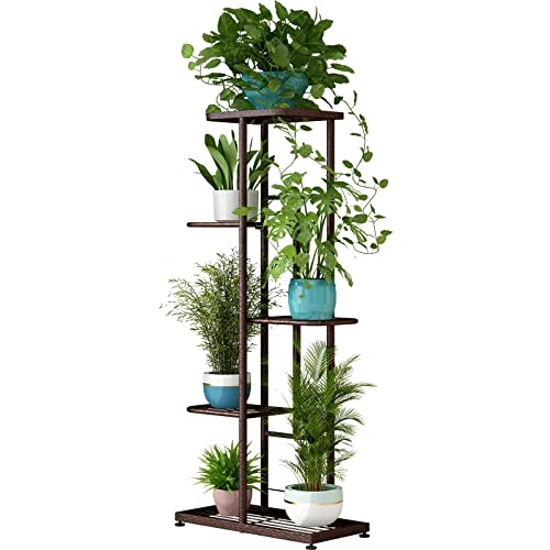 LINZINAR Plant Stand Metal 5 Tier 6 Potted Multiple Flower Pot Holder Shelf Indoor Outdoor Planter Display Shelving Unit for Patio Garden Corner Balcony Living Room (5 Tier 6 Potted, Bronze) - Image 1