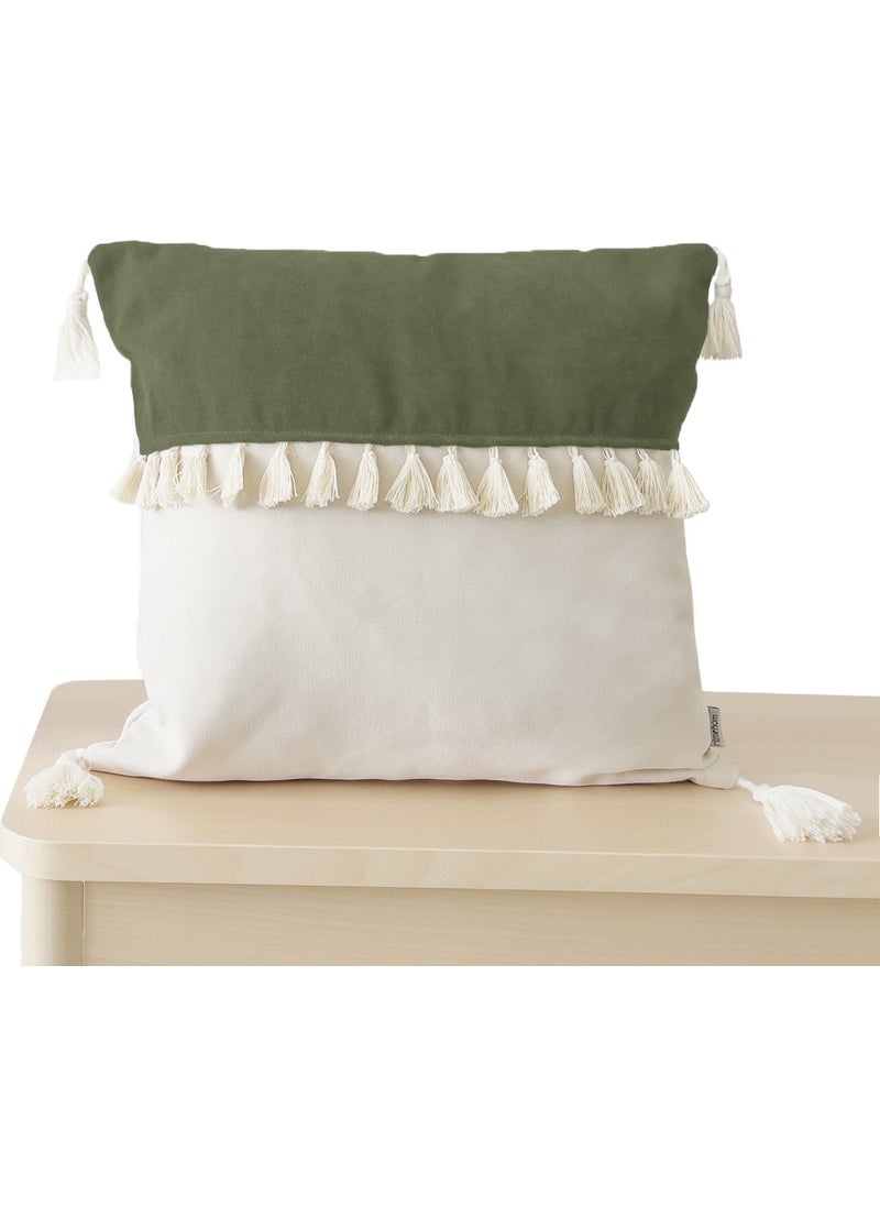 Ritmo Home Tasseled Fringed Scandinavian Throw Pillow Cover Green Cream  - Image 1