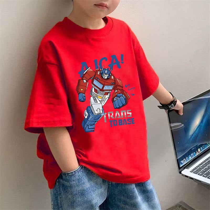 2034 # Boys' Summer T-Shirt Pure Cotton Summer Top Cartoon Anime Half-Sleeve Machine Baby Top Base Shirt - Image 1