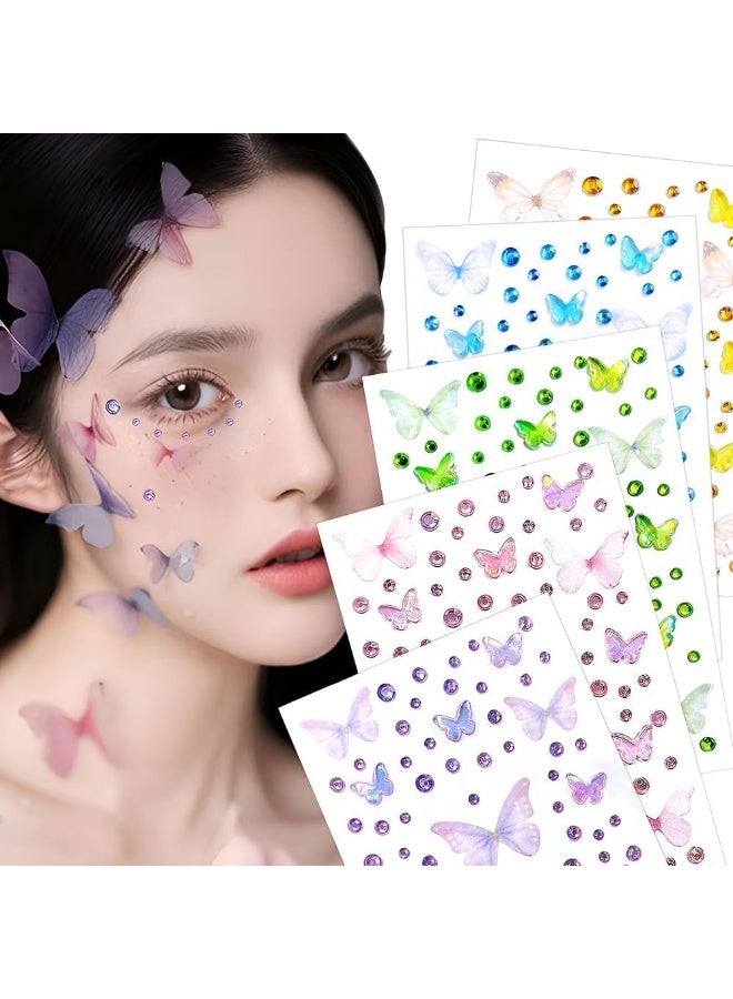 5 Sheets Colorful Butterfly Gem Stickers, Self Adhesive 3D Rhinestones for Face, Body, Makeup, Crafts, Scrapbooking, Party Decorations Glitter Gems - Image 1