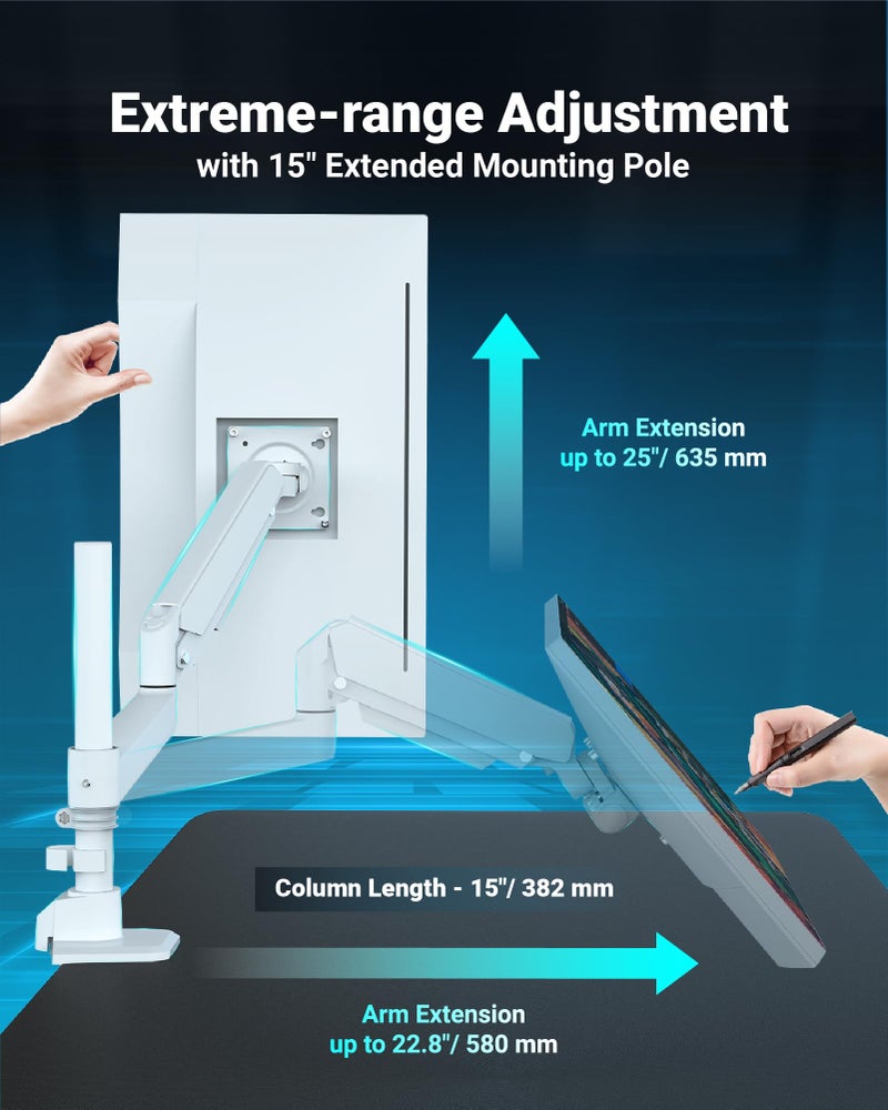Ergounion Heavy Duty Monitor Arm for 13-49 Inch Ultrawide Screens, Holds Up to 44lbs, Fully Adjustable Single Monitor Mount, with Clamp & Grommet Base, 75/100mm VESA Desk Mount, White - Image 3