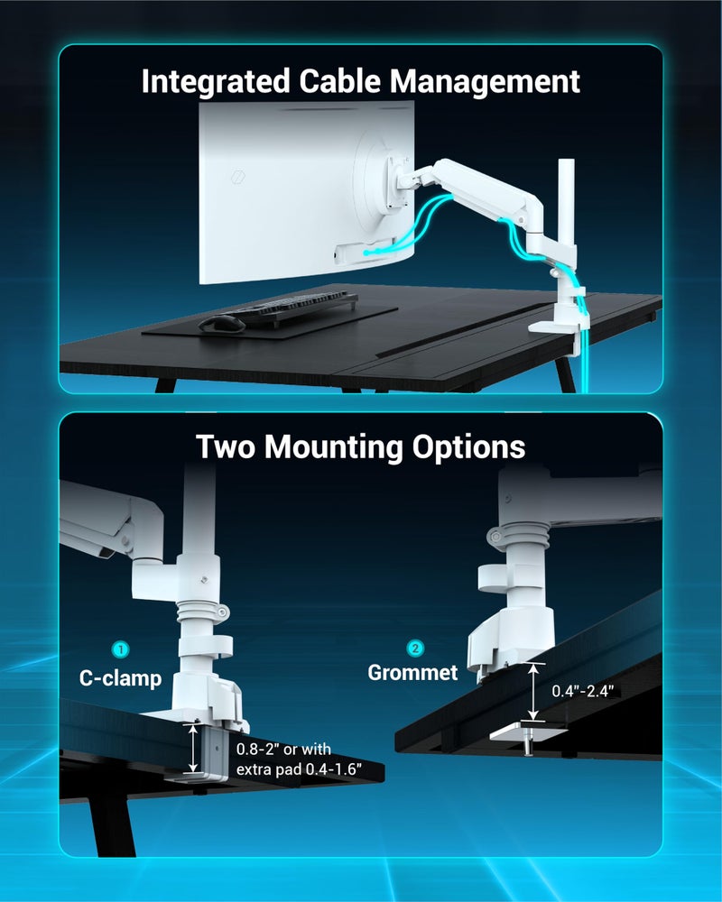Ergounion Heavy Duty Monitor Arm for 13-49 Inch Ultrawide Screens, Holds Up to 44lbs, Fully Adjustable Single Monitor Mount, with Clamp & Grommet Base, 75/100mm VESA Desk Mount, White - Image 5