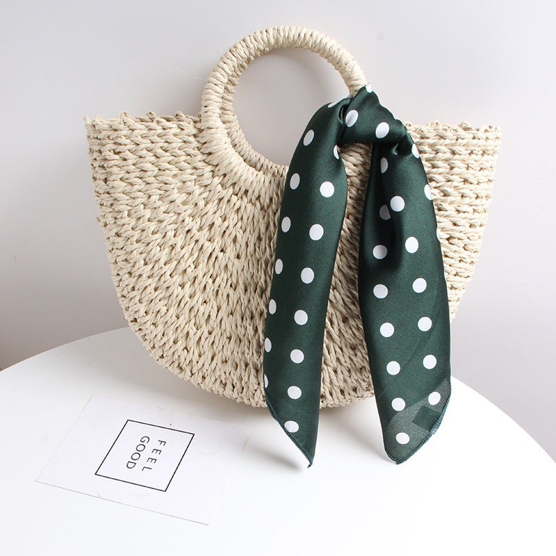 Straw Woven Bag Ins All-Match Silk Scarf Fashion Holiday Style Beach Bag Handmade Semi-Round Handheld Woven Bag Vegetable Basket Bag - Image 2