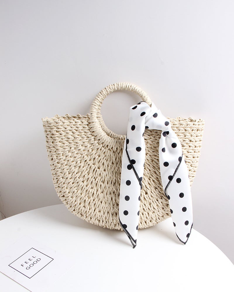 Straw Woven Bag Ins All-Match Silk Scarf Fashion Holiday Style Beach Bag Handmade Semi-Round Handheld Woven Bag Vegetable Basket Bag - Image 1