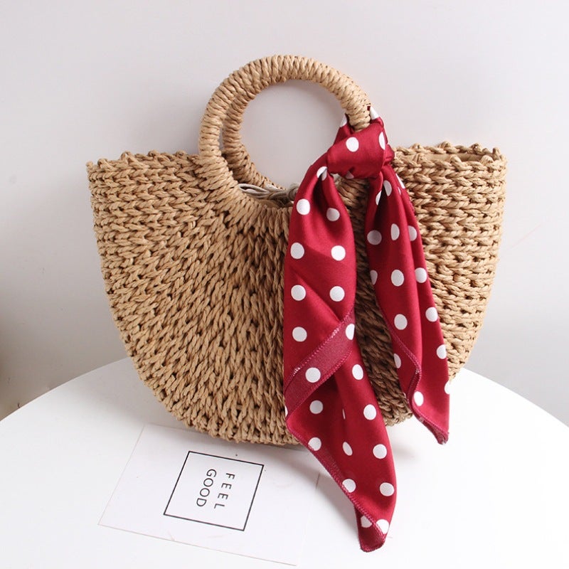 Straw Woven Bag Ins All-Match Silk Scarf Fashion Holiday Style Beach Bag Handmade Semi-Round Handheld Woven Bag Vegetable Basket Bag - Image 4