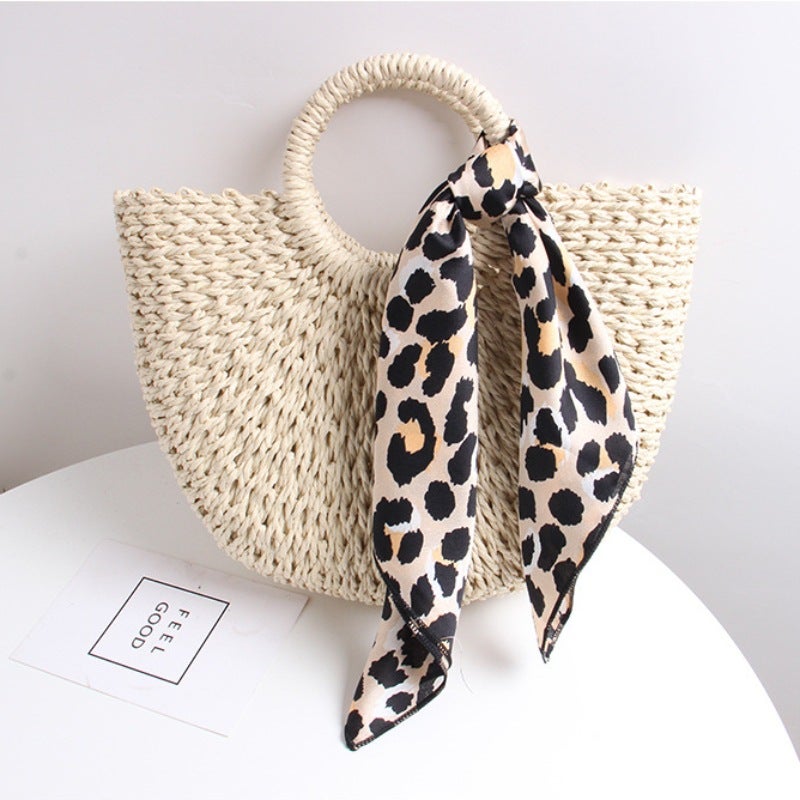 Straw Woven Bag Ins All-Match Silk Scarf Fashion Holiday Style Beach Bag Handmade Semi-Round Handheld Woven Bag Vegetable Basket Bag - Image 5