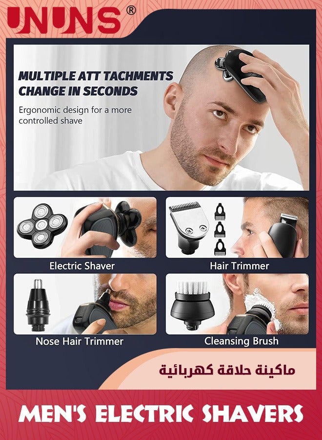 UNUNS ماكينة حلاقة كهربائية للرجال، ماكينة حلاقة دوارة لاسلكية مقاومة للماء 5 في 1، قابلة لإعادة الشحن عبر USB، مجموعة ماكينة حلاقة متعددة الوظائف للرأس الأصلع مع أداة تشذيب شعر اللحية والأنف وفرشاة تدليك وتنظيف الوجه، أسود - Image 2