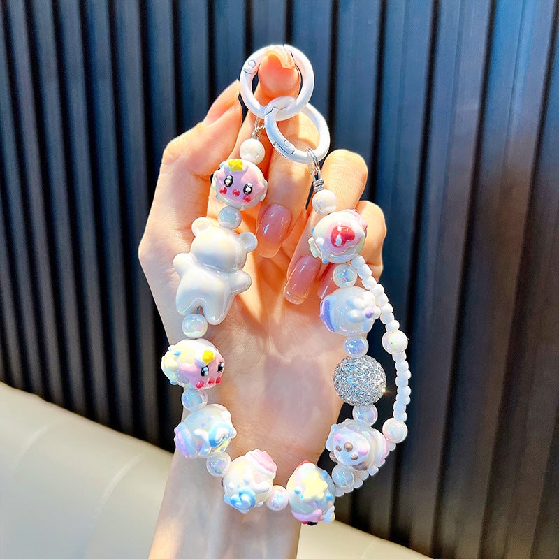 Creative Hand-Painted Bear Beads Mobile Phone Chain Keychain Bag Accessory Couple Gift Keychain Jewelry Fashion Accessories White-cute bear beaded bracelet (note: shipped by color, hand-painted beads, doll letters, random)