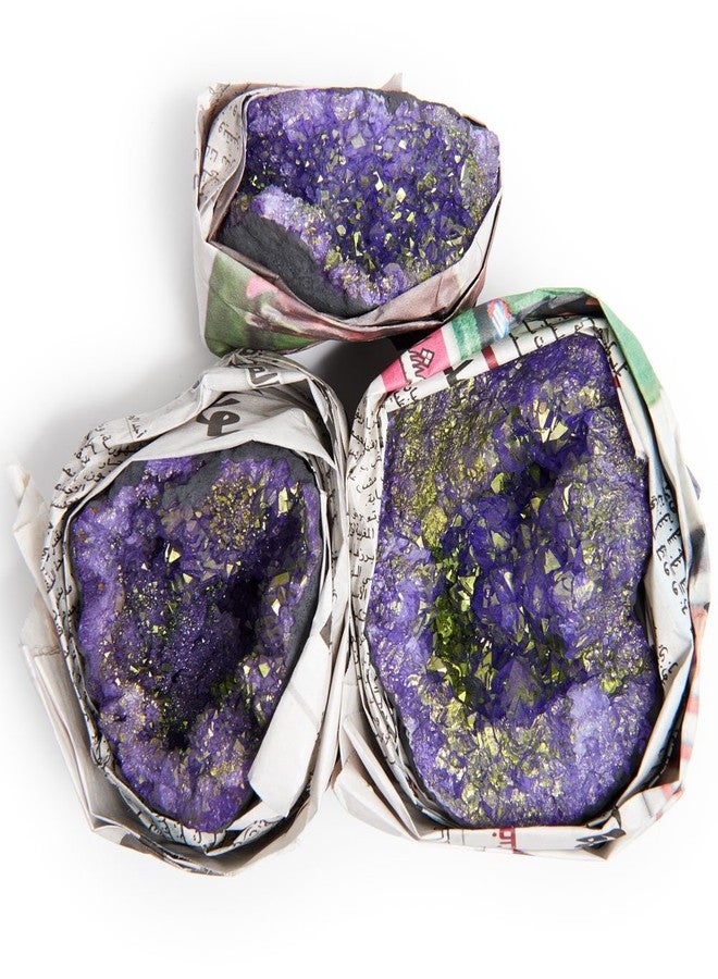 Digging Dolls: 3 pcs Purple Geode Half with Golden Pyrite Inclusions from Morocco - 2-3 Inches Avg. - Beautiful Dyed Geode Halves for Arts, Crafts, Decoration, Wicca and Reiki Crystal Healing - Image 1