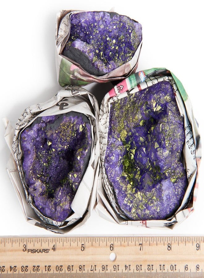 Digging Dolls: 3 pcs Purple Geode Half with Golden Pyrite Inclusions from Morocco - 2-3 Inches Avg. - Beautiful Dyed Geode Halves for Arts, Crafts, Decoration, Wicca and Reiki Crystal Healing - Image 2
