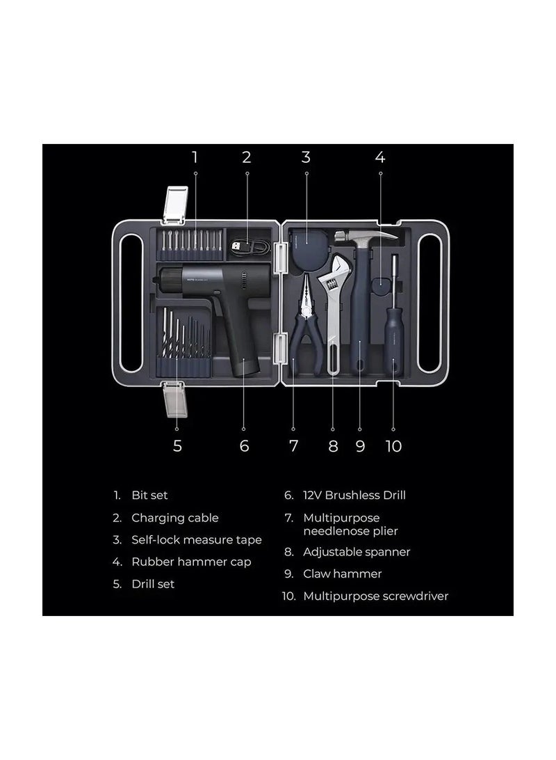 هوتو مجموعة أدوات الحفر الكهربائية بدون فرشاة 12 فولت من هوتو QWDZGJ001 مع أدوات مختلفة - أسود - Image 2