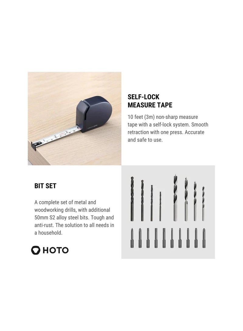 هوتو مجموعة أدوات الحفر الكهربائية بدون فرشاة 12 فولت من هوتو QWDZGJ001 مع أدوات مختلفة - أسود - Image 3