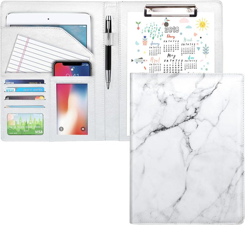 WAVEYU Marble Portfolio Case, Padfolio Cover Folder for Men, Conference/Resume/Legal Document Organizer with Letter/A4 Size Clipboard Hardboard, Business Card Holders, Document Sleeve, White Marble - Image 1