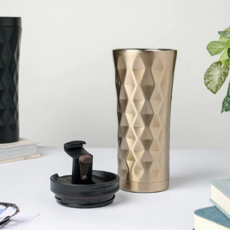 Ramkuwar Ramkuwar Tumbler with Lid Stainless Steel Vacuum Insulated Double Wall Travel Tumbler Durable Insulated Coffee Mug Gold Thermal Cup with Splash Proof Sliding Lid 500 ml Pack of 2  - Image 3