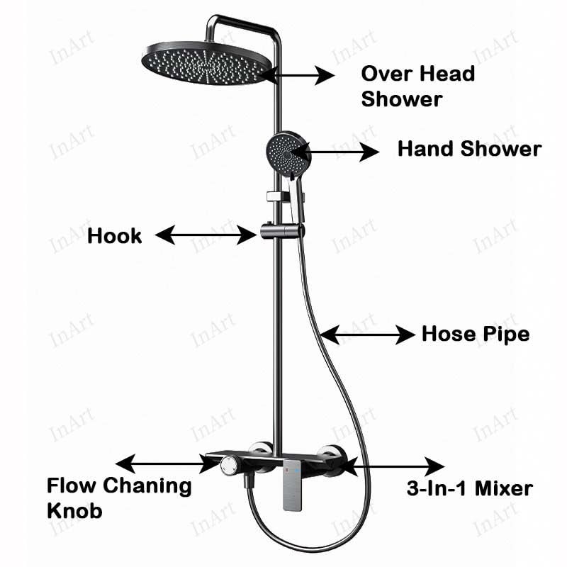 Inart Shower Panel For Bathroom - Wall Mixer 3 In 1 Shower Set, Luxury Panels Single Lever Hot And Cold With Handshower, Faucet, Spout - Gun Grey Model- Complete Washroom Showers - Image 3