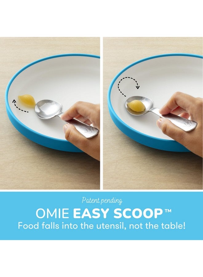 Omie® Easy Scoop Plates for Kids | Unique Design Helps Food Fall into the Spoon, Not on the Table | Made from Plants | 3 Plates + 2 Silicone Dividers | Blue - Image 1