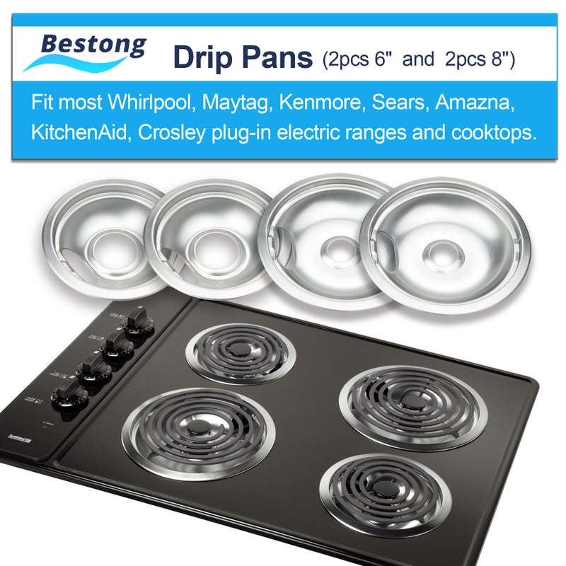 Bestong Premium Drip Pan Electric Stove Burner Covers for Whirlpool, Maytag, Kenmore - Replacement for W10278125, W10196405 & W10196406-4 Pack (2x6" and 2x8") - Image 2