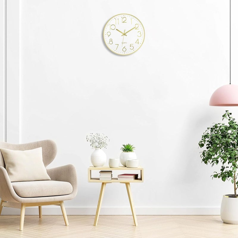 TEKCOOL Analogue Plastic Wall Clock 12" Silent Quartz Decorative Latest Wall Clock Non-Ticking Classic Clock Battery Operated Round Easy to Read for Home/Kitchen/Bedroom/Office/School - (Gold White). - Image 2